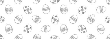 Paskalya yumurtaları ile paskalya arkaplanı. Siyah ve beyaz. Boyama şablonu, kumaş, duvar kağıdı, ambalaj kağıdı. Vektör illüstrasyonu.