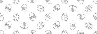 Paskalya yumurtalarının dış hatlarıyla kusursuz bir Paskalya arkaplanı. Siyah ve beyaz. Boyama şablonu, kumaş, duvar kağıdı, ambalaj kağıdı. Vektör illüstrasyonu.