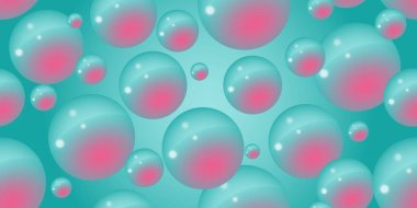 Turkuaz arka planda pembe kabarcıklar. Soyut kabarcık neon arkaplanı. 3 boyutlu sıvı dokusu ve y2k şeklinde kabarcıklar. Kusursuz desen. Vektör illüstrasyonu.