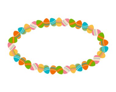 Paskalya oval çerçevesi. Paskalya boyalı yumurtalardan yapılmış bir sınır. Bayram dekorasyonu ve bahar tebrik kartları için mükemmel. Vektör illüstrasyonu.