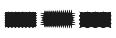 Zigzag dikdörtgen şeklinde. Düz olmayan zigzag dikdörtgen şeklinde şekiller. Siyah renk. Metin kutusu, düğme, rozet, pankart, etiket, çıkartma, rozet tasarımı için izole elementler. Vektör illüstrasyonu.