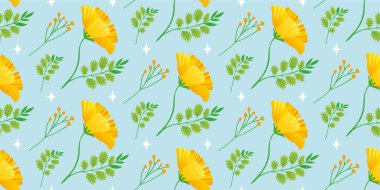 Mavi arka planda sarı bahar çiçekleri. Altın Kaliforniya gelincikli çiçek şablonu. Arka plan için neşeli çiçek tasarımı, dijital kağıt, duvar kağıdı, kumaş. Vektör Kusursuz desen.
