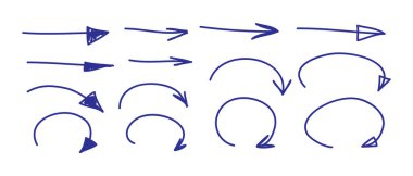 El çizilmiş oklar hazır. Karalama tarzında okları vurguluyorum. Karalamalar ve çizimler, işaret çizgisi seti. Mürekkep şekilleri, karalanmış elementler. Vektör illüstrasyonu.