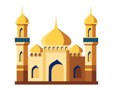 Arap Müslüman camisi ve minaresi. Cami Müslüman mimarisi, dinsel grafikler. İslam kültürünü inşa eden dua. Düz stil, kutsal mimari. Vektör illüstrasyonu.