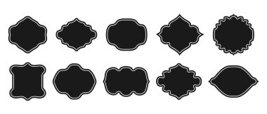 Zarif metin kutusu şekilleri. Bir takım Arap çerçeve kenar şekilleri. Rozetin boş retro şekli, indirim etiketi, amblem, fiyat etiketi. Farklı vektör simgelerinin koleksiyonu