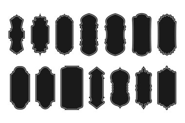 Arapça çerçeve ve dekorasyon. Doğu motifli çerçeve ve dekorasyon koleksiyonu. Rozetin boş retro şekli, indirim etiketi, amblem, fiyat etiketi. Farklı vektör simgelerinin koleksiyonu