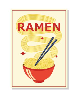 Ramen Japon yemek afişi tasarımı. Vektör illüstrasyon Asyalı çubuklu erişte.
