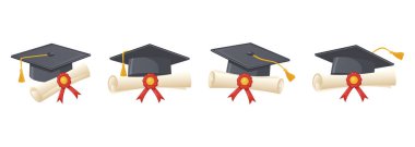 Beyaz arka planda farklı pozisyonlarda akademik mezuniyet şapkaları ve diploma tomarları koleksiyonu. Geleneksel mezuniyet töreni diplomayı kurdele ve akademik şapkayla simgeliyor.