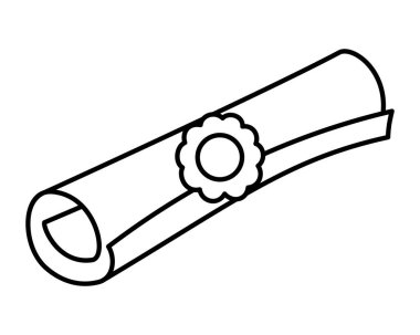 Kurdeleli basit siyah ana hatlı mezuniyet diploması ikonu. Mezuniyet töreni kurdeleli bir sertifikanın çizgi çizimi. Vektör illüstrasyonu.