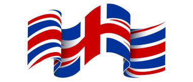 Beyaz arka planda sallanan bir İngiliz bayrağı. Birleşik Krallık bayrağını sallayan pankart. RGB renkleri kırmızı, mavi, beyaz. Vektör illüstrasyonu.