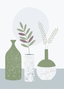 Soyut vazolarla duvar sanatı ve kırsal estetik için bitkiler. Grunge dokusu. Basılabilir ev dekorasyonu. Yeşil, mavi, beyaz, mor renk. Modern estetik boho tasarımı duvar kağıdı, kart, şablon.