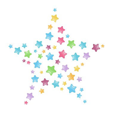 Küçük renkli yıldız deseni büyük yıldız şekli oluşturuyor. Kutlama kartları, doğum günü posterleri, duvarlar çocuk odası tasarımları için çok renkli yıldız desenleri.