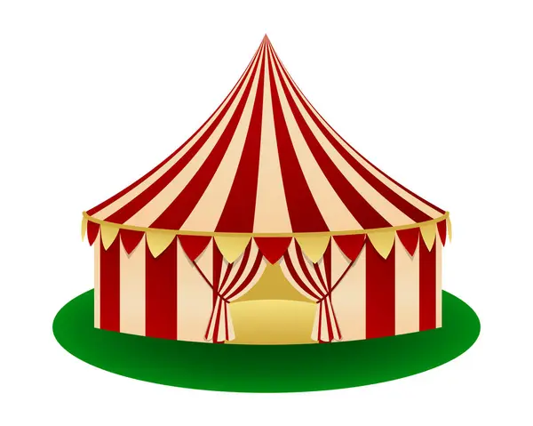 stock vector Traditional red and yellow circus tent with a striped pattern and open entrance. Carnival Tent on a green circular ground. For posters, cards, tickets and playbills.