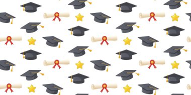 Mezuniyet şapkalı kusursuz vektör deseni, kırmızı kurdeleli diplomalar ve altın yıldızlı. Eğitim tasarımlarında, mezuniyet duyurularında ve kutlama projelerinde kullanım şablonu.