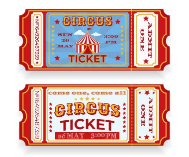 Two old tickets to the circus. Circus tent, stars and decorative text. Retro design with date, time and ticket number in classic style. For use at carnivals, circuses, event promotions. clipart