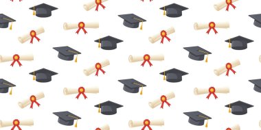 Kırmızı kurdeleli diploma ve şapkaların mezuniyet modeli. Akademik şapkalar ve sertifikaların mezuniyet töreni için kusursuz bir model. Mezuniyet için duvar kağıtları, davetiyeler ve afişler.