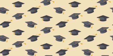 Bej arka planda mezuniyet şapkası olan bir model. Sarı püsküllü siyah ve gri mezuniyet şapkalı kusursuz desen. Mezuniyet için duvar kâğıdı, örtü, kumaş.