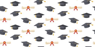 Mezuniyet şapkaları ve beyaz arka planda diplomaları olan kusursuz bir model. Sarı püsküllü havan tahtaları ve kırmızı kurdeleli diplomalar. Mezuniyet için duvar kağıdı, davetiye ve afiş.