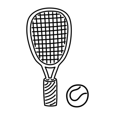 Tenis raketi ve topun basit siyah beyaz tasviri. Spor projeleri, eğitim materyalleri, boyama sayfaları ve grafik tasarımı için uygundur.