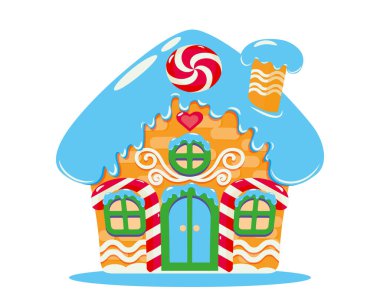 Krema, şeker ve bastonla süslenmiş renkli zencefilli kurabiye evi. Zencefilli kurabiye evi Noel 'in popüler bir sembolüdür. Noel tasarımı, dekorasyon, tebrik kartı veya reklam için..