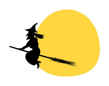 Sarı aya karşı süpürge sapı üzerinde kötü bir cadının silüeti. Cadılar Bayramı temalı proje için Cadılar Bayramı arifesinde korkunç cadı. Tatil davetiyesi, dekorasyon için..
