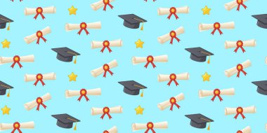 Mezuniyet geçmişi, kırmızı kurdeleli diplomalar ve açık mavi arka planda altın yıldızlı siyah mezuniyet şapkaları. Kutlama süslemeleri ya da mezunlara hediye paketi için..