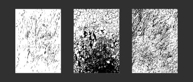 Çeşitli çatlak ve sıkıntılı desenlere sahip üç soyut siyah beyaz arka plan seti. Grafik tasarım projesinde kullanılmak üzere, kaplama, poster veya grunge temalı sanat eserleri.