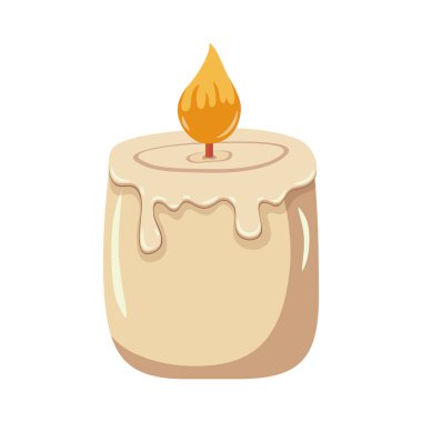 Yanan mum izole edildi. Damlayan balmumu ve üzerinde parlak bir alev olan tek bir bej mum. Festival, romantik ya da ruhani temalar için..