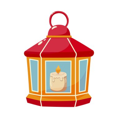 Mum izole edilmiş çizgi film el lambası. İçinde yanan bir mum olan kırmızı taşınabilir bir fener. Festival tasarımı dekorasyon, ışık veya festival etkinliği ile ilgili konular için idealdir..