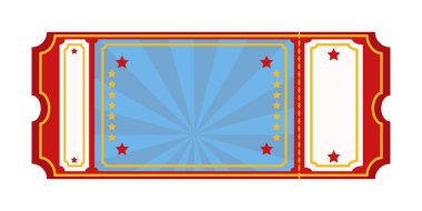 Sarı yıldızlı ve dekoratif çerçeveli klasik kırmızı ve mavi etkinlik bileti. Karnaval, sirk ya da tiyatro için uygun..