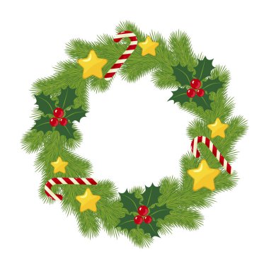 Dekoratif Noel çelengi, çoban püskülü, şeker kamışı ve altın yıldızlı. Noel kartları, şenlik tasarımları ya da mevsimlik dekorasyonlar için kullanılabilir..