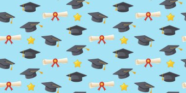 Mezuniyet şapkalarında altın püsküller ve mavi arka planda sarı yıldızlar. Eğitim ve başarı kavramı. Pankartlar, posterler, davetiyeler ve duvar kağıtları için tasarım 