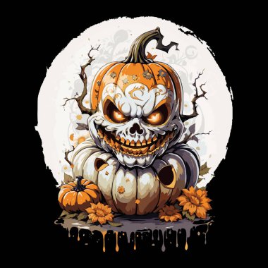 Sonbahar çiçekleri ve sarmaşıklarla çevrili, tehditkar kafatasları ve turuncu gözleri olan şeytani balkabağı. Damlalı ve grunge tarzı efektli vektör illüstrasyonu. Cadılar Bayramı ve korku teması.