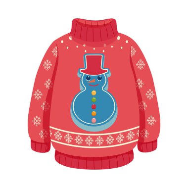 Christmas ugly sweater in pink with Snowman and snowflake ornament. Fun holiday clothing vector illustration, ideal for festive winter design and seasonal theme. clipart