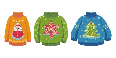 Noel Baba, kardan adam, yıldız ve Noel ağacı tasarımlı çirkin kazak koleksiyonu. Beyaz arka planda renkli çizimler. Kış tatili için mükemmel..