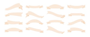 Beyaz arka planda çeşitli şekillerde ve stillerde bej şerit pankartlar. Tasarım ve dekorasyon amaçları için düz vektör illüstrasyonu.