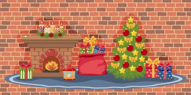 Süslü şömineli Noel sahnesi, yanan mumlar, Noel ağacı, hediye paketi ve tuğla duvar arkasında hediyeler. Bayram tasarımı, tebrik kartı ve afiş için şenlikli illüstrasyon.