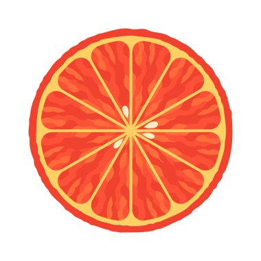 Taze portakal diliminin üst görüntüsü, tohumlar ve beyaz arka planda canlı bir doku. Citrus meyvesi ve sağlıklı beslenme konsepti. Poster, afiş, kart, baskı için tasarım.