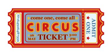Vintage Circus Bilet İllüstrasyonu. Şenlikli bir sirk ya da dekoratif unsurlar ve metin içeren adil bir bilet şablonu. Retro olay ve eğlence tasarımı.