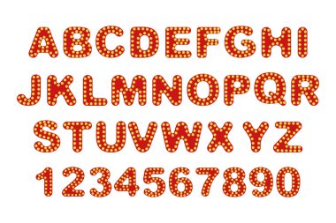 Klasik Afiş Harfleri ve Sayılar Grafiği. Alfabe ve sayılar beyaz zemin üzerinde kırmızı ve sarı renkli parlayan ampul efektleriyle. Poster ve afiş için dekoratif tipografi tasarımı.