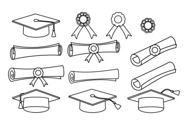 Mezuniyet şapkası, diploma ve ödül kurdelesi. Beyaz arka planda izole edilmiş siyah beyaz çizgiler. Tasarım ve baskı için eğitim ve akademik başarı simgeleri.