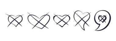 Crossed Hearts and Broken Love Symbols. Hand drawn crossed-out hearts and broken love symbols in sketch style isolated on white background. Doodle elements for romance, breakup relationship concept. clipart