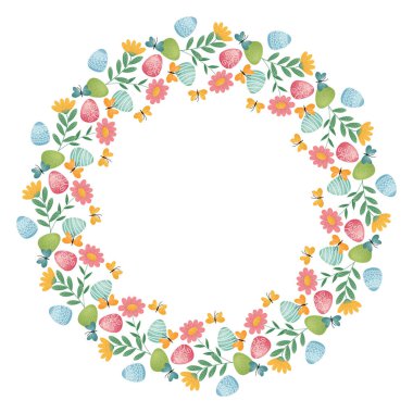 Paskalya Yumurtası, Çiçek ve Kelebek Çelengi. Renkli Paskalya yumurtalarından, çiçeklerden, beyaz arka planda kelebeklerden oluşan dekoratif bir çelenk. Tebrik kartı, davetiye, poster için Paskalya Bayramı tasarımı