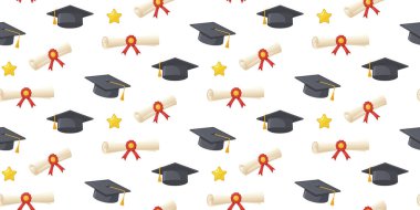 Mezuniyet modeli. Siyah mezuniyet şapkaları, diplomaları, altın yıldızları ve beyaz arka planda kırmızı kurdeleleri olan kusursuz bir desen. Tebrik kartı, tekstil, duvar kağıdı, ambalaj kağıdı için..