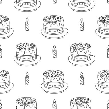 El çizimi, mumlu ve dekoratif yıldızlı doğum günü pastaları içeren siyah ve beyaz desenli. Tasarım ve baskı için tek renkli festival arkaplanı.