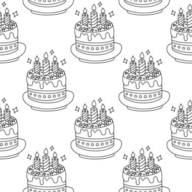 Kusursuz siyah beyaz desenli, el çizimi pastalı mumlu ve dekoratif elementli. Tasarım ve yazdırma için tek renkli kutlama arkaplanı.