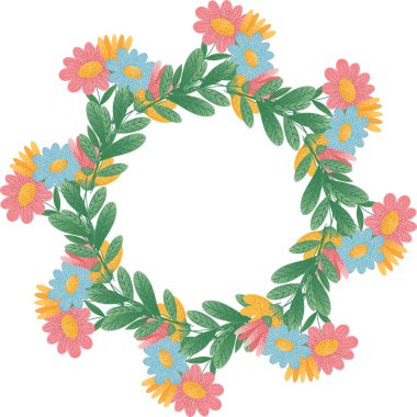 Pembe, Mavi ve Sarı Çiçekli Çiçek Çelengi. Yeşil yapraklarla sarmalanmış pembe, mavi ve sarı çiçekli dairesel çiçek çelenkleri. Dekoratif öğe, çerçeve, sınır. Vektör illüstrasyonu