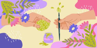 İki el boya fırçası ve süslü yumurta ile süslü boya kavanozu çiçek ve yapraklarla çevrili soyut renkli arka plan. Paskalya kutlaması. Tebrik kartı, davetiye, pankart.