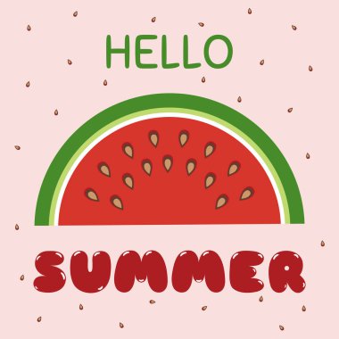 Yaz Arkaplan Merhaba Yaz Yarım Karpuz. Merhaba Summer Card. Yarım karpuz ve Pembe Arkaplanda Tohumlar. Vektör İllüstrasyonu