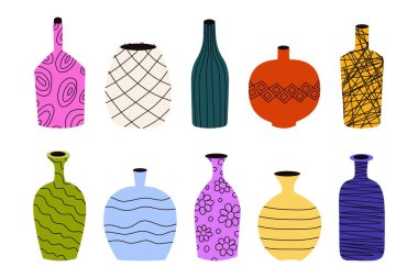 Farklı dekoratif şişeler ve grafik desenli seramik vazolar. Retro pop sanat tarzı. 80 'lerin parlak neon rengi. 80 'lerin pop sanat karikatür tarzında vektör illüstrasyonu.